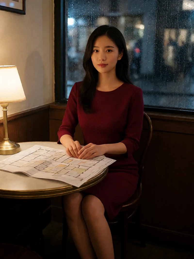 原创AI写实角色图：成年女性穿酒红短裙坐在雨夜咖啡馆窗边，桌上有折叠图纸