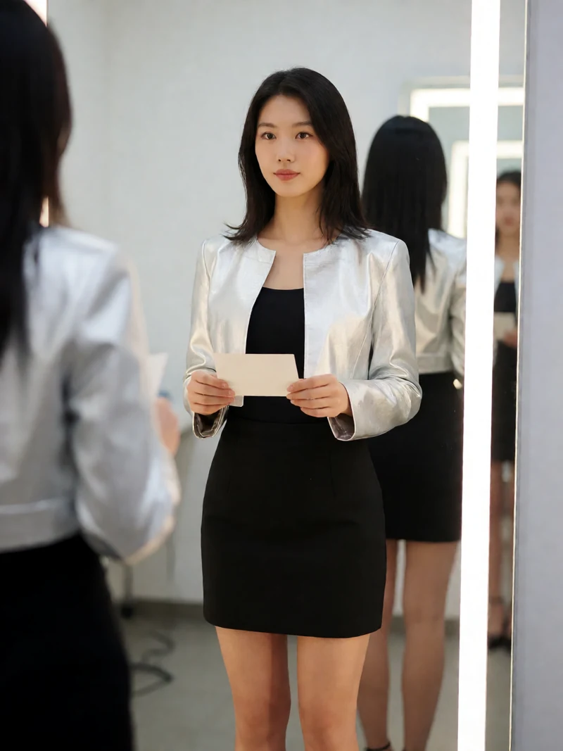 原创AI写实角色图：成年女编舞师穿白色外套与黑色短裙站在亮灯的后台化妆镜前