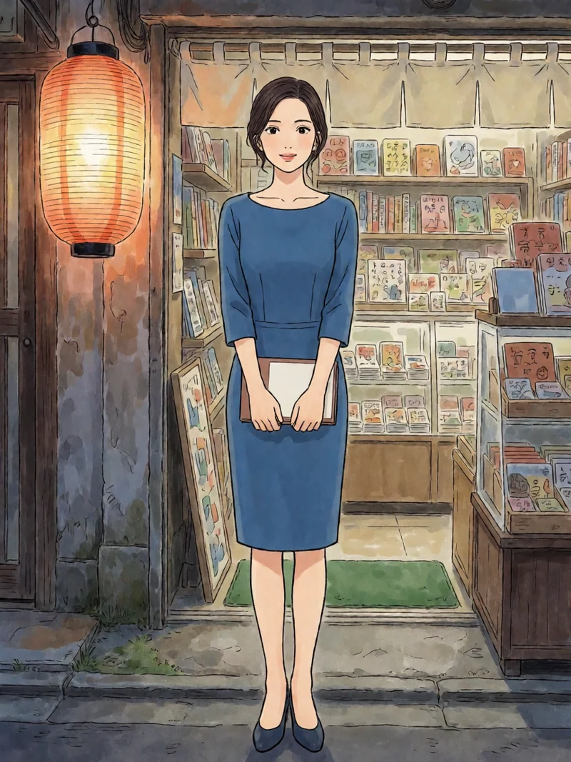 原创日式漫画角色图：成年黑发女店长穿蓝色连衣裙站在黄昏书店门口
