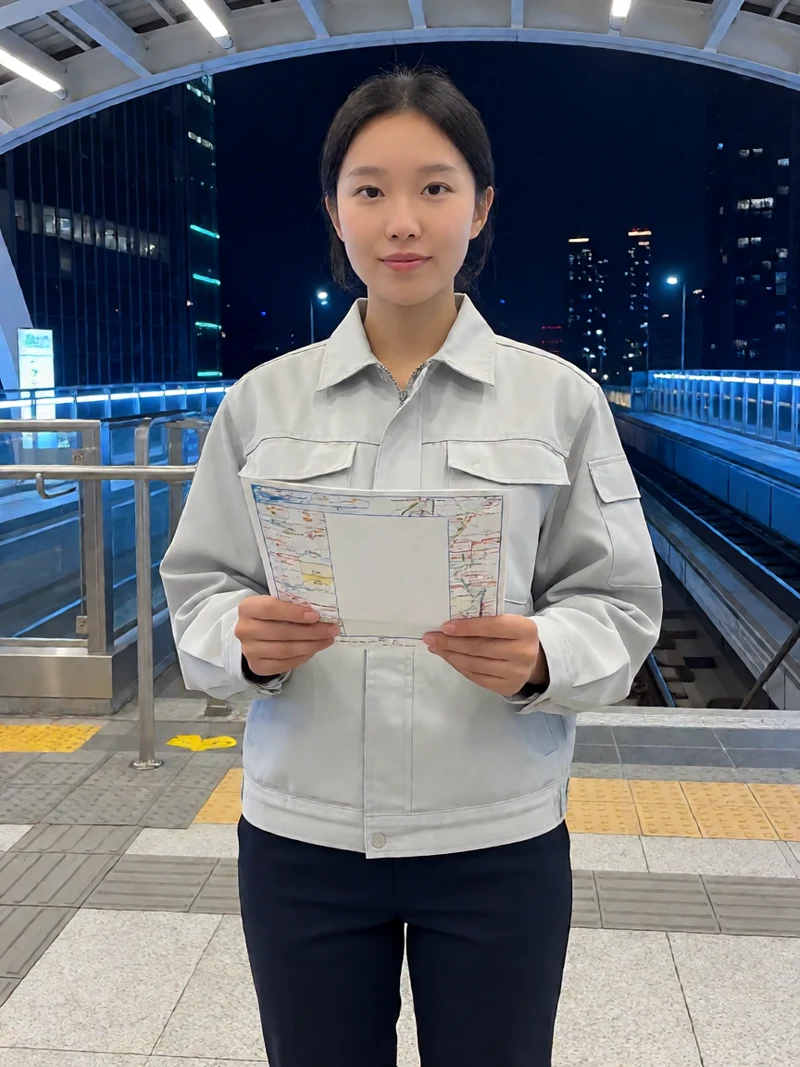 原创AI未来城市角色图：成年女性穿白色工程外套站在夜间空中车站，手持无字航图