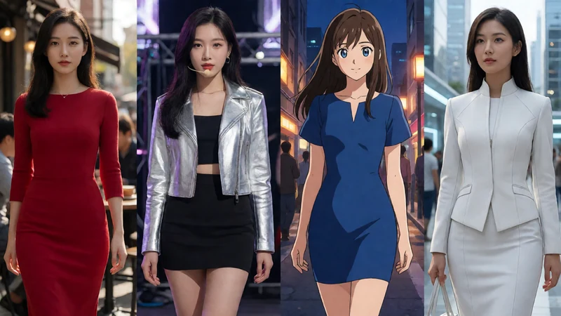 原创AI角色设定图：四位成年虚构女性分别处在都市咖啡馆、舞台后台、日式漫画街景与未来城市